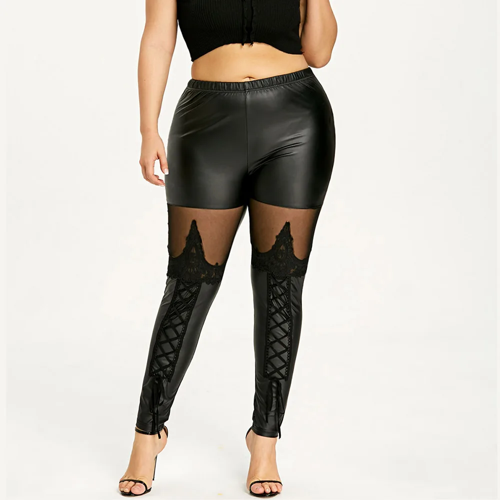 2018 Fashion Plus Size Sheer Lace Up Pu Leather Pants Sexy Black