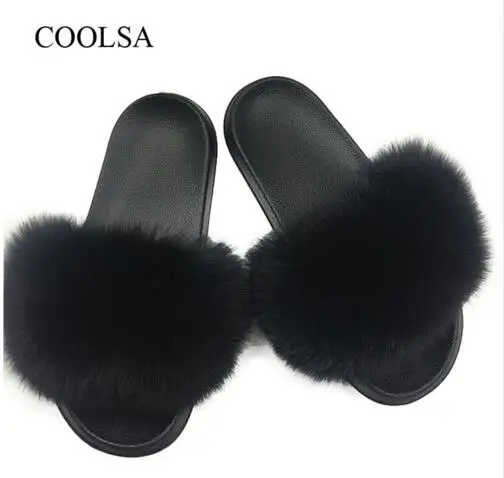 COOLSA/женские меховые тапочки; женские модные Нескользящие домашние тапочки с лисьим мехом; женские летние легкие домашние тапочки на плоской подошве - Цвет: Black