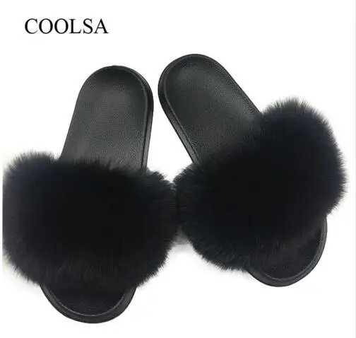 Black COOLSA/женские меховые тапочки; женские модные Нескользящие домашние тапочки с лисьим мехом; женские летние легкие домашние тапочки на плоской подошве - Цвет: Black
