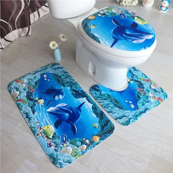 

3Pcs Bath Mats Ocean Underwater World Anti Slip Toilet Pattern Rug Bathroom Mat Flannel Toilet Mat for Three Sets of Bath Mat