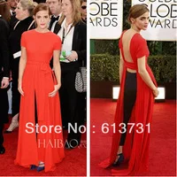 Emma Watson 2014 Annual Golden Globe Awards Short Sleeves Backless High Slit Chiffon Celebrity Red Carpet Dress Evening Gowns