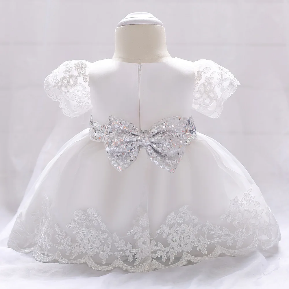 

Baby girl dress Bow sequin princess Short sleeve lace dress White wedding dress Birthday Party tutu baptism infant clothes