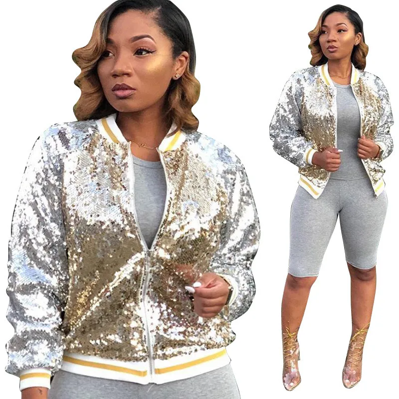

Long Sleeve Gold Sequin Bomber Jacket Women Autumn Winter Jacket Korean Fashion Female Glitter Sparkly Jacket and Coats Outwear