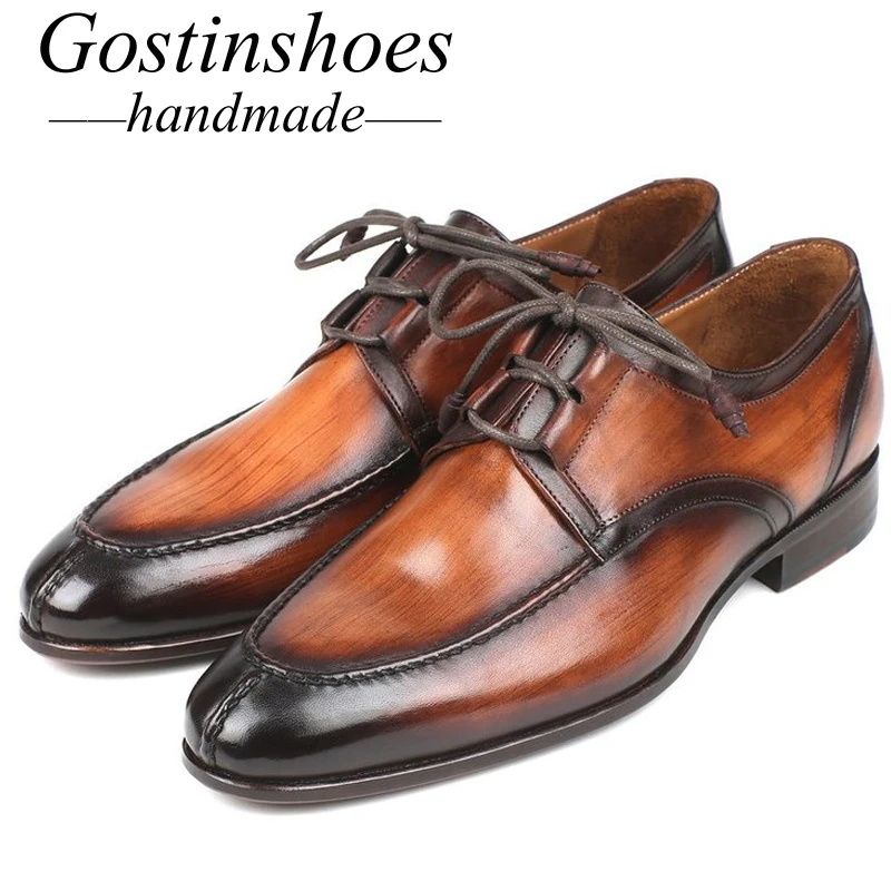 

GOSTINSHOES HANDMADE Goodyear Welted Ghillie Lacing Brown Burnished Cow Leather Pointed Toe Men Shoes Dress Oxfords SCZ022