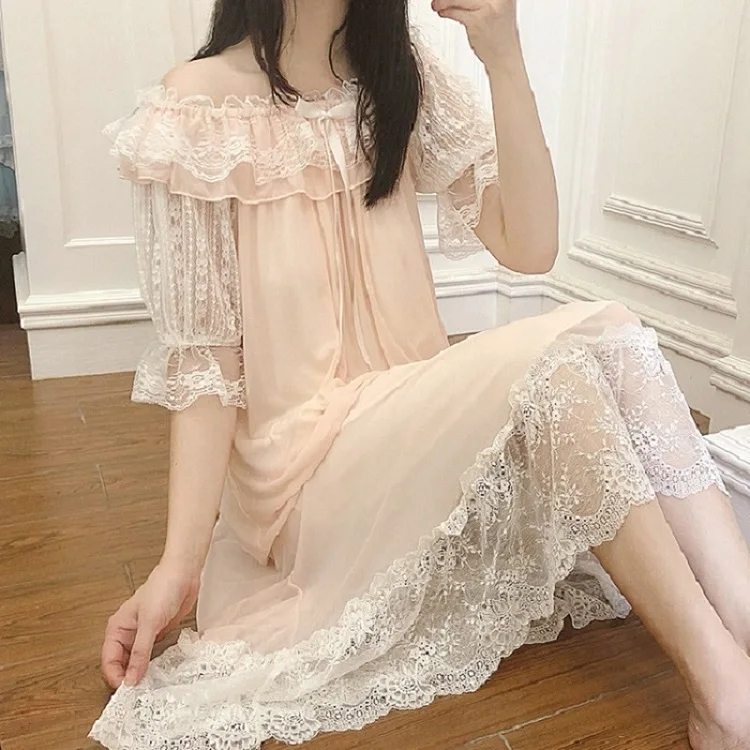 Light pink Летние розовые марлевые Хлопковые женские ночные рубашки белые кружевные длинные пижамы элегантные женские винтажные ночные платья принцессы размера плюс - Цвет: Light pink
