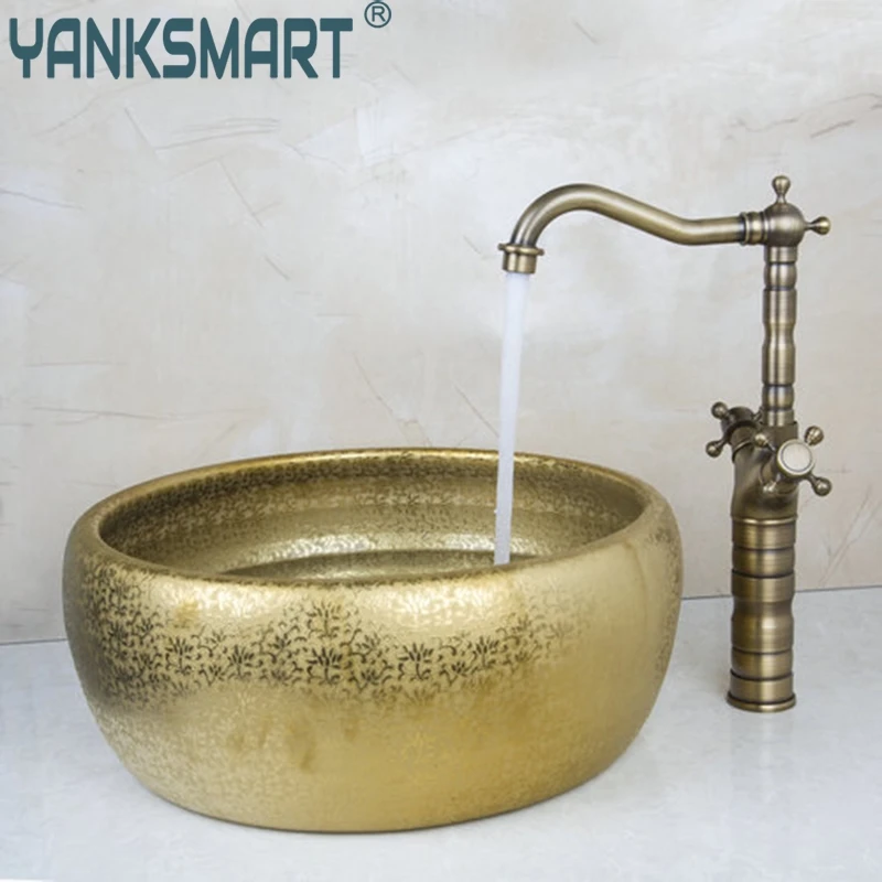 Античный латунный кран YANKSMART с двойной ручкой + раковина для ванной комнаты