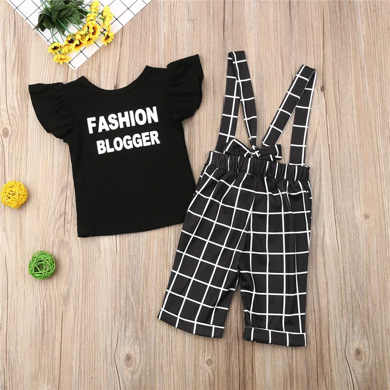 

Fashion Children Baby Girls Kids Fly Sleeve Black T-shirt Tops+Plaid Pants Overalls Summer Outfits Clothes Set