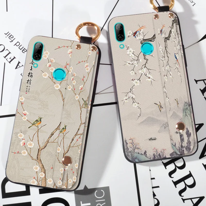 

3D Embossed Flowers Case For Huawei P Smart FIG-LX1 Hand Cover Wrist Strap Cases For Huawei P Smart 2019 Capa Stand Coque