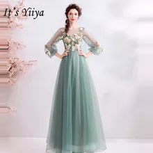 Пром Платья С Длинными Рукавами Зеленый It's YiiYa,Длинные Платья Партии О-Образным Вырезом,На Заказ Плюс Размер, A-Line Длина Пола, Платья Выпускного Вечера,E243, весна-лето
