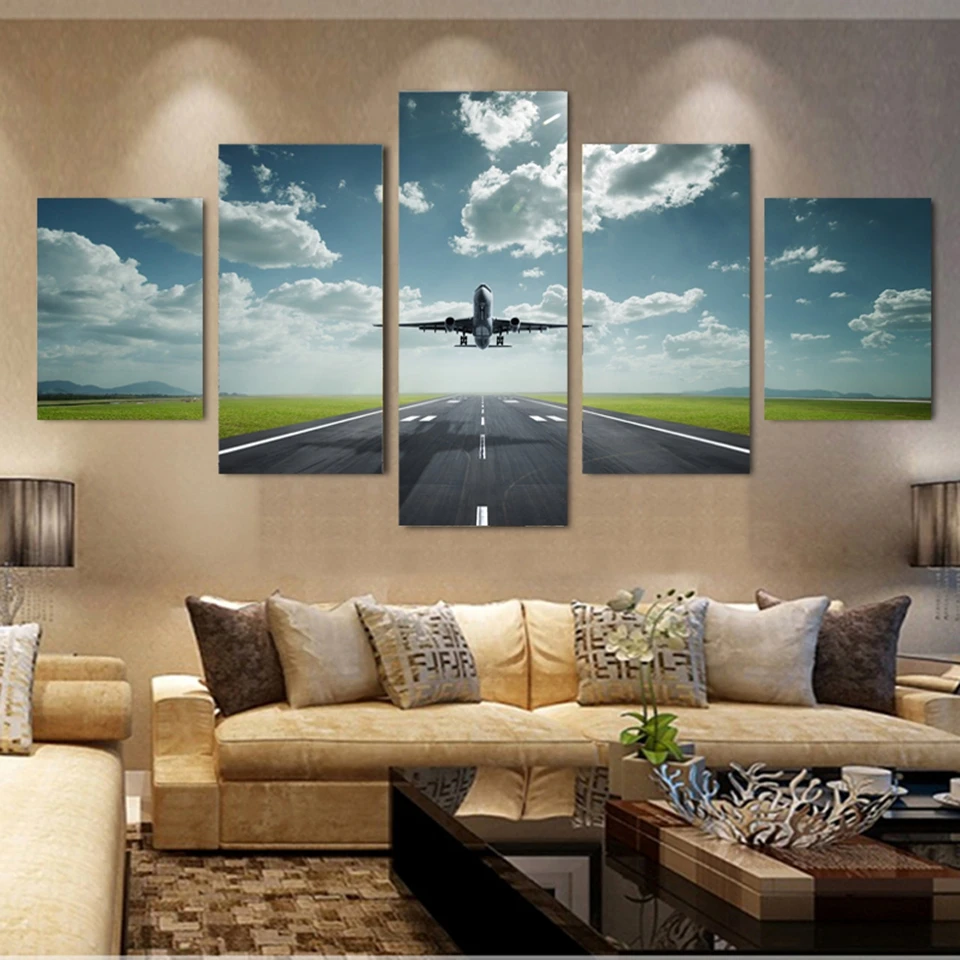 

Vintage Home Decor Paintings On Canvas 5 Pieces Ground Take Off Airplane Framework Pictures Posters And Prints On The Wall