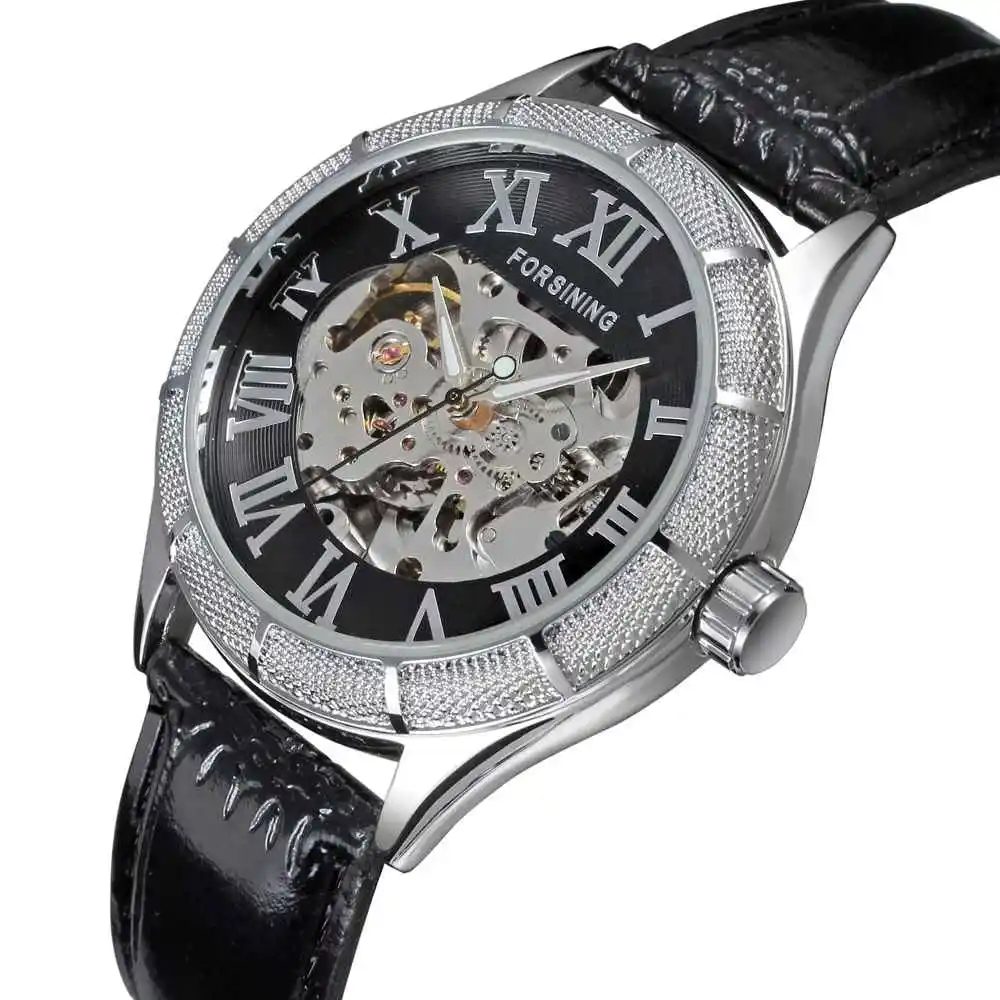 

FORSINING Auto Mechanical Watch men Over Size Luminous Hands Skeleton Roman Numerals Dial Leather Strap Fashion Wristwatch