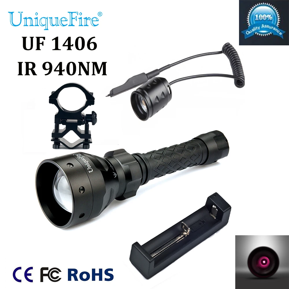UniqueFire Hot Sale 1406 Zoomable LED Flashlight IR 940nm LED Flashlight+Charger+Scope Mount+Rat Tail For Night Hunting Camping UniqueFire Hot Sale 1406 Zoomable LED Flashlight IR 940nm LED Flashlight+Charger+Scope Mount+Rat Tail For Night Hunting Camping