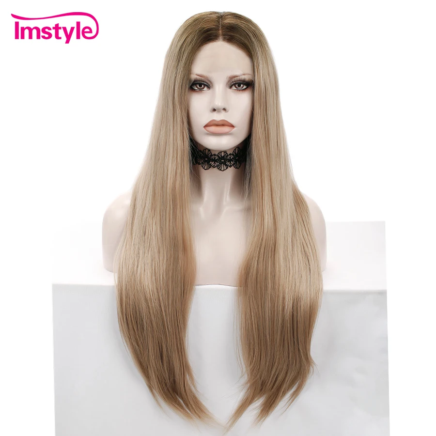 

Imstyle Ombre Blonde Brown Synthetic Lace Front Wig Natural Straight Hair Wigs For Women High Temperature Fiber Daily Wig