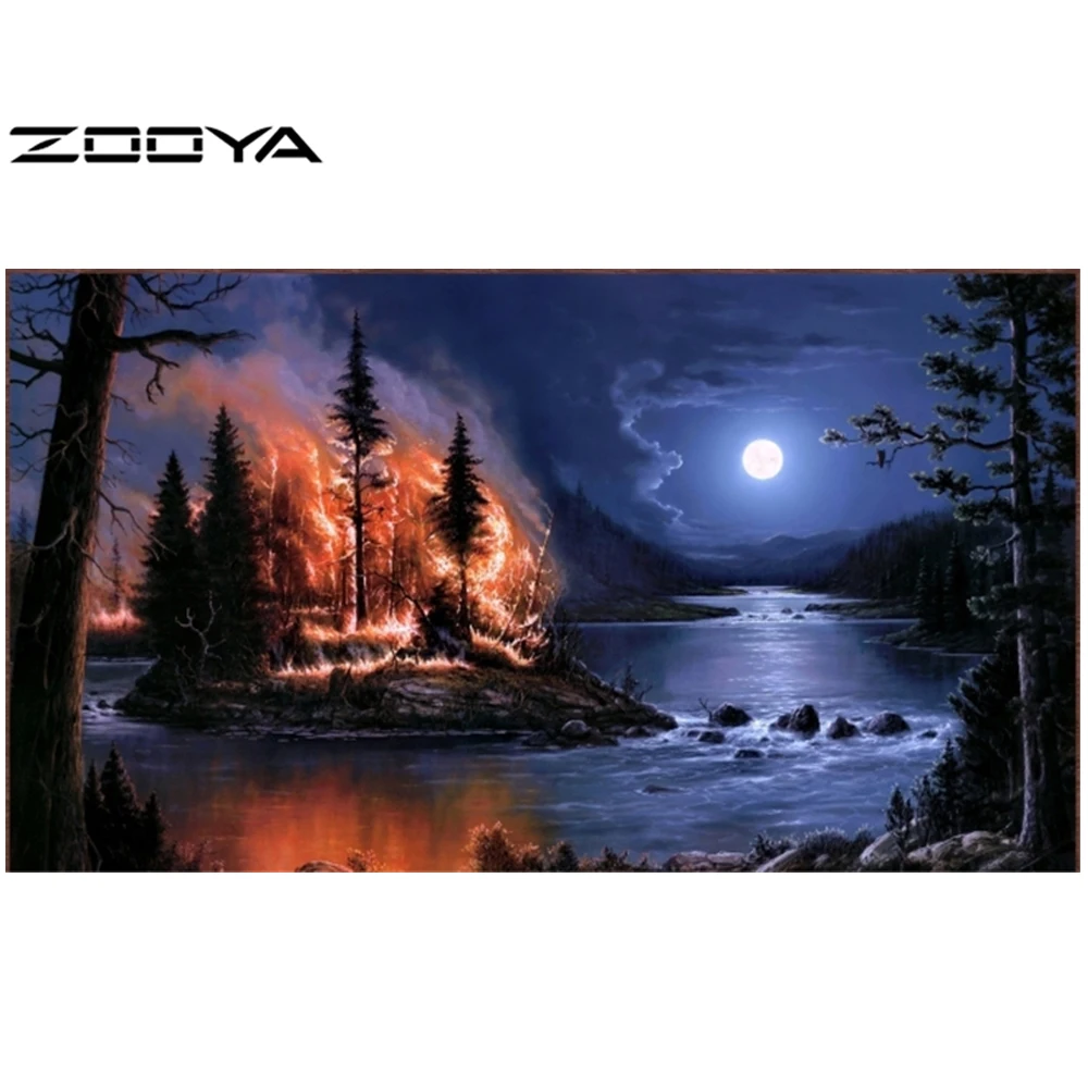 

DIY Diamond Painting Night Forest fire Moon Rivers tree Hand Embroidery Cross Stitch Household And Gift Items Home Decor AT137