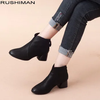 

2018 new style Genuine Leather small boots simple Chelsea boots Woman Ankle Boots Fashion Square Toe Thick High Heel Ladies work