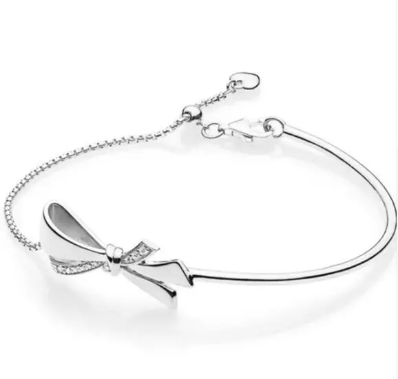 

Authentic 925 Sterling Silver Brilliant Bow Ball Clasp Adjust Pan Bracelet Bangle Fit Women Bead Charm Diy Jewelry