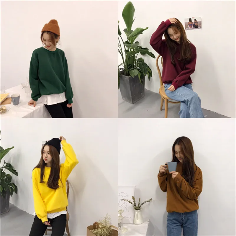 Женские кофты 2018 Harajuku сплошной Толстовка Для женщин толстовка с длинным рукавом Свободные Для женщин толстовки Повседневное спортивный