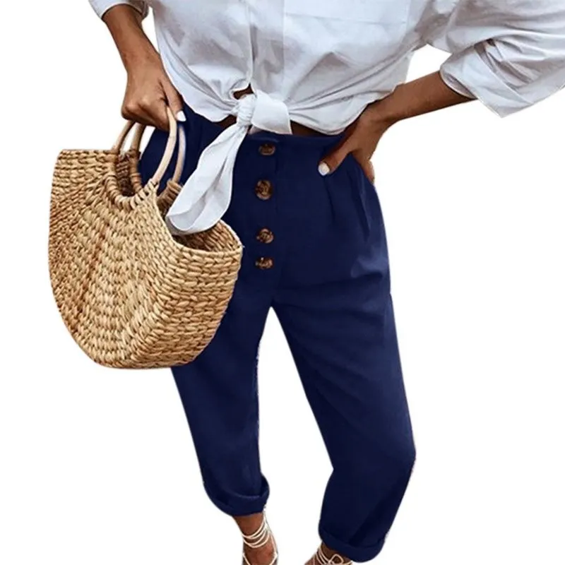 

2019 Women Vintage Cotton Linen Full Pants Casual High Waist Harem Pants Loose Button Big Size Trousers