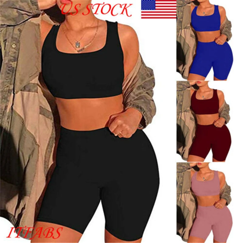 

2019 Sexy Skinny Short Two Piece Set Crop Tops and Biker Shorts Multicolor Bodycon Matching Sets Summer Clothes for Women