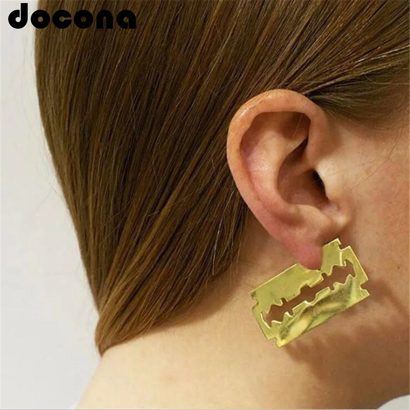

docona Punk Gold Silver Blade Drop Earrings for Women Geometric Hollow Out Metal Dangle Earring Statement Earring 5799