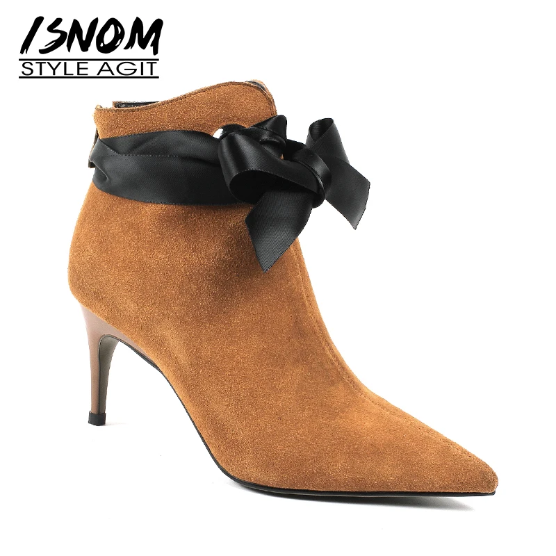 

ISNOM Winter Cow Suede Women Ankle Boots Pointed Toe Zip Footwear Thin High Heels Female Boot Party Shoes Women 2018 New Black