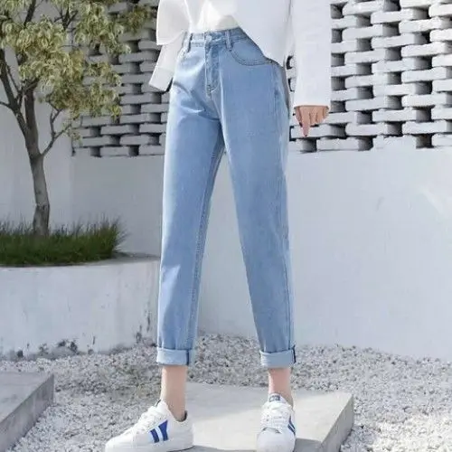 Базовые Женские длинные джинсы с высокой талией Универсальные синие широкие брюки женские джинсовые брюки карманы джинсы плюс размер PP060