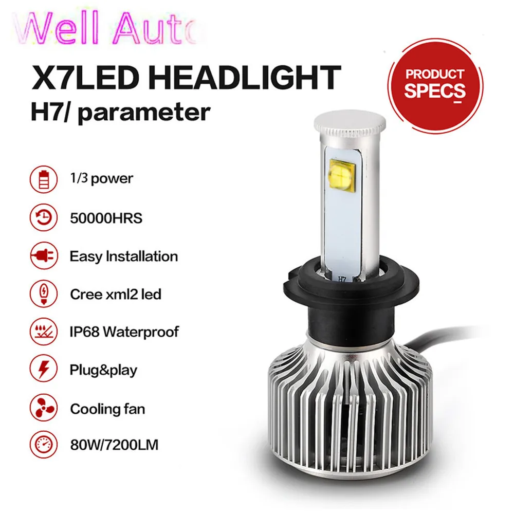 

2PCS LED Headlight Bulbs All-in-one Conversion Kit Cold White Led H7 6000K X7 Auto Front Fog Light Car Headlight