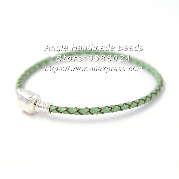 

Fashion Bracelet S925 Clasp Silver Light Green Double Leather European Bracelet Fits Handmade Jewelry DIY Charms Beads Z005