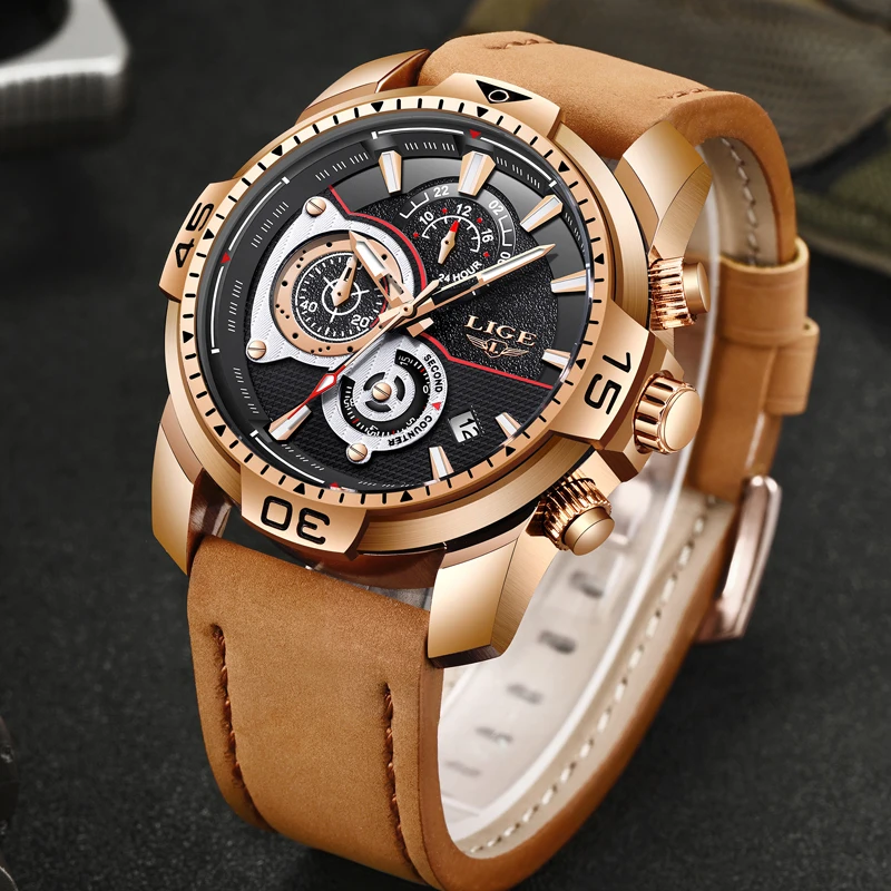 

LIGE New Men Watches Top Brand Luxury Leather Quartz Clock Male Sport Waterproof Men Fashion Gift Gold Watch Relogio Masculino