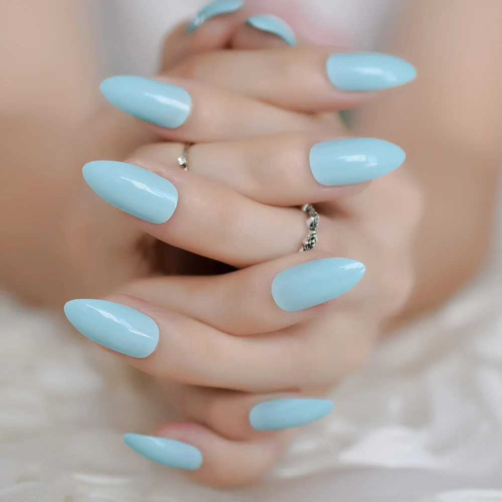 Острые акриловые накладные ногти на шпильках для дизайна ногтей, новые детские Зеленые Синие остроконечные миндалевидные накладные ногти с полным покрытием