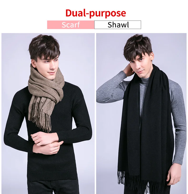 Winter Wool Cashmere Scarf For Men Warm Solid Tassels Fine Wool Scarves Male Man Fashion Wool Scarfs Big Bufandas Hombre