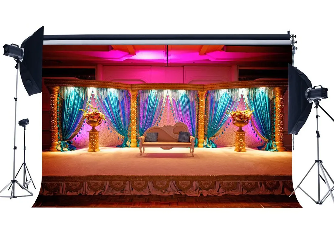 

Luxurious Stage Backdrop Interior School Show Backdrops Fancy Shining Curtain White Chair Shabby Carpet Photography Background