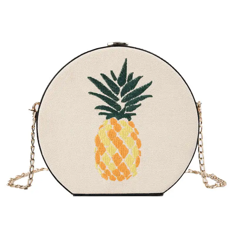 

Pineapple Embroidered Round Bag Joker Simple Shoulder Diagonal Women'S Bag Small Round Bag Chain Bag