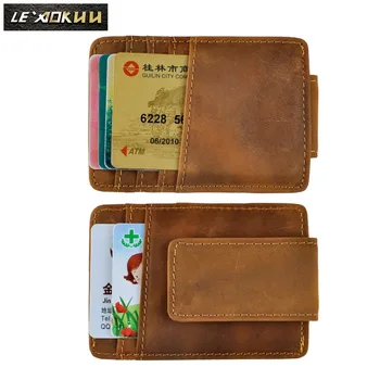 

Crazy Horse Leather Magnetic Money Clip Men Gift Wallet Card Photo Holder Case Design Handy Front Pocket Wallet Purse Male 1058l