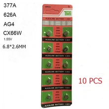 Cheap 10PCS AG4 LR626 626A 377A Batteries 1.55V SR626sw CX66W Alkaline Watch Button Cell Coin Battery For Watch Toys Remote 6.8*2.6mm