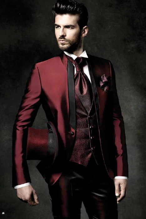 

Latest Coat Pant Designs Italian Burgundy Satin Men Suit Slim Fit Tuxedo 3 Piece Groom Suits Prom Custom