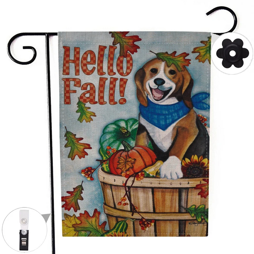 Двухсторонняя Hello Fall Dog Pumpkins Садовый флаг баннер с ветрозащитной резиновой пробкой клип 12,5 ''x 18,5'' 32x47 см