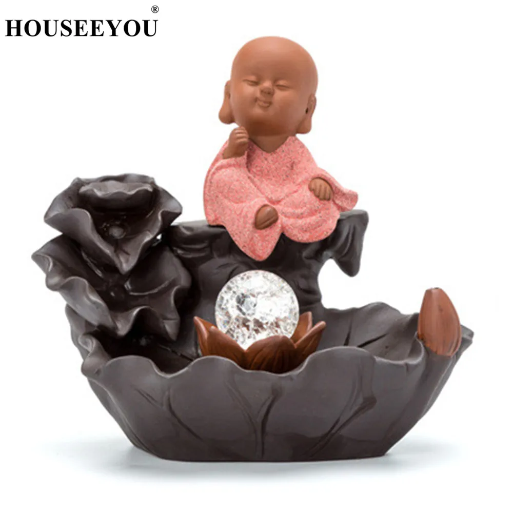 HOUSEEYOU Creative LED Lighting Little Monk Backflow Waterfall Incense Burner Lotus Ceramic Stick Holder Censer | Дом и сад
