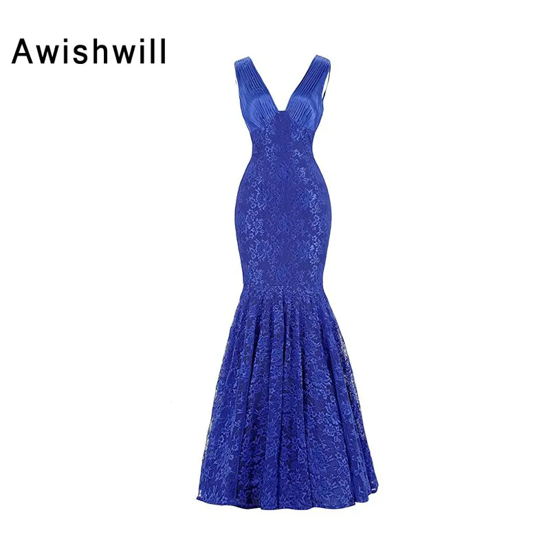 

Real Picture Vestido De Festa 2017 V-neck Women Formal Mermaid Evening Dresses Lace Royal Blue Mother Of The Bride Dresses