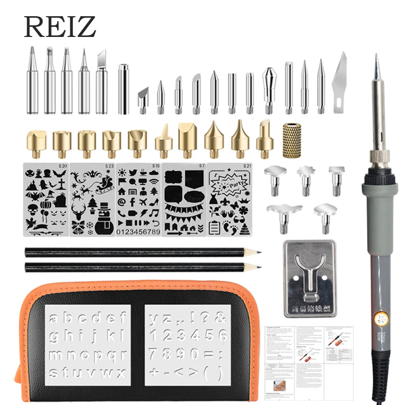 

REIZ Carving Pyrography Tool Welding Tips Kit 60W Adjustable Soldering Iron Embossing Burning Soldering Pen Set Welding Tips Set