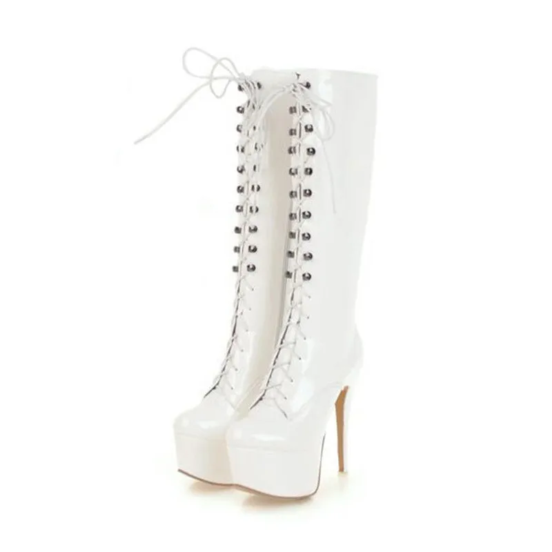 Sexy Patent Leather Thin Heels Women Knee High Boots Big Size Ladies Platform High Heels Pole Dancing Boots Women Mid-Calf Boots (2)