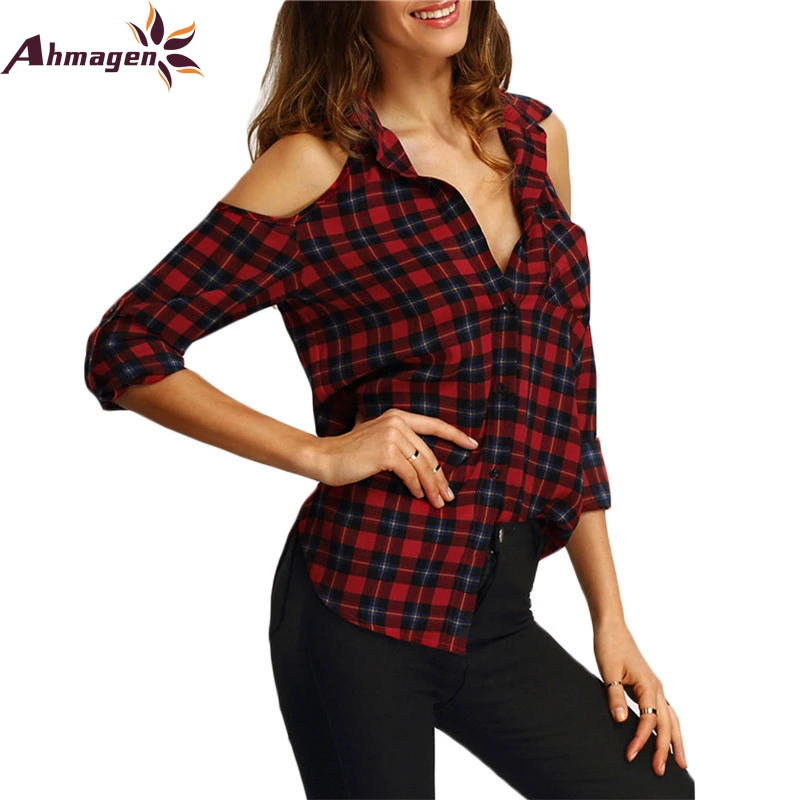 Blusas para mujer 2017 Casual Hombro Off Lepal Blusa A Cuadros de Manga Larga Roja de Las Mujeres de Las Señoras Tops mujer femme chemisier|chemisier femme|blouse longplaid shirt -