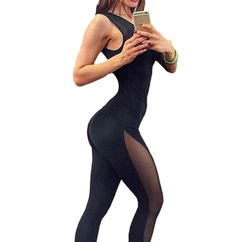 New Sexy Women Jumpsuit Solid Mesh Round Neck Sleeveless Overalls Leotards Playsuit Black Pants Black