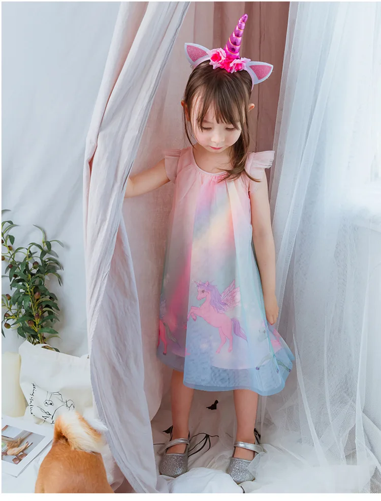 5180 г. платье принцессы с рукавами-крылышками и единорогом для маленьких девочек, новое летнее детское платье для свадебной вечеринки для девочек,, одежда для маленьких девочек
