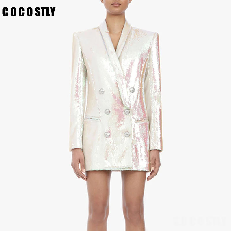 

Runway Designer Blazer Women's Jacket Suit Double Breasted Lion Buttons Shawl Collar Glitter Sequined Office Suit Blazer femme