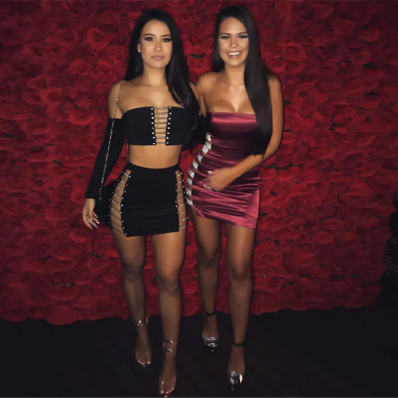 Sexy Sequins Glitter Split Dress Women Hollow Out Lace Up Dresses Slim Strapless  Female Nightclub Dress Vestido4