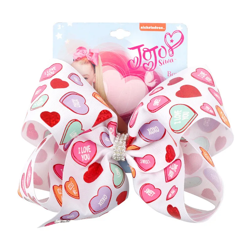 

8" JoJo Bow Handmade Swirl Printed Cartoon Hair Clip Rainbow Hairpin Rhinestone Heart Printed Hair Accessories for Girls