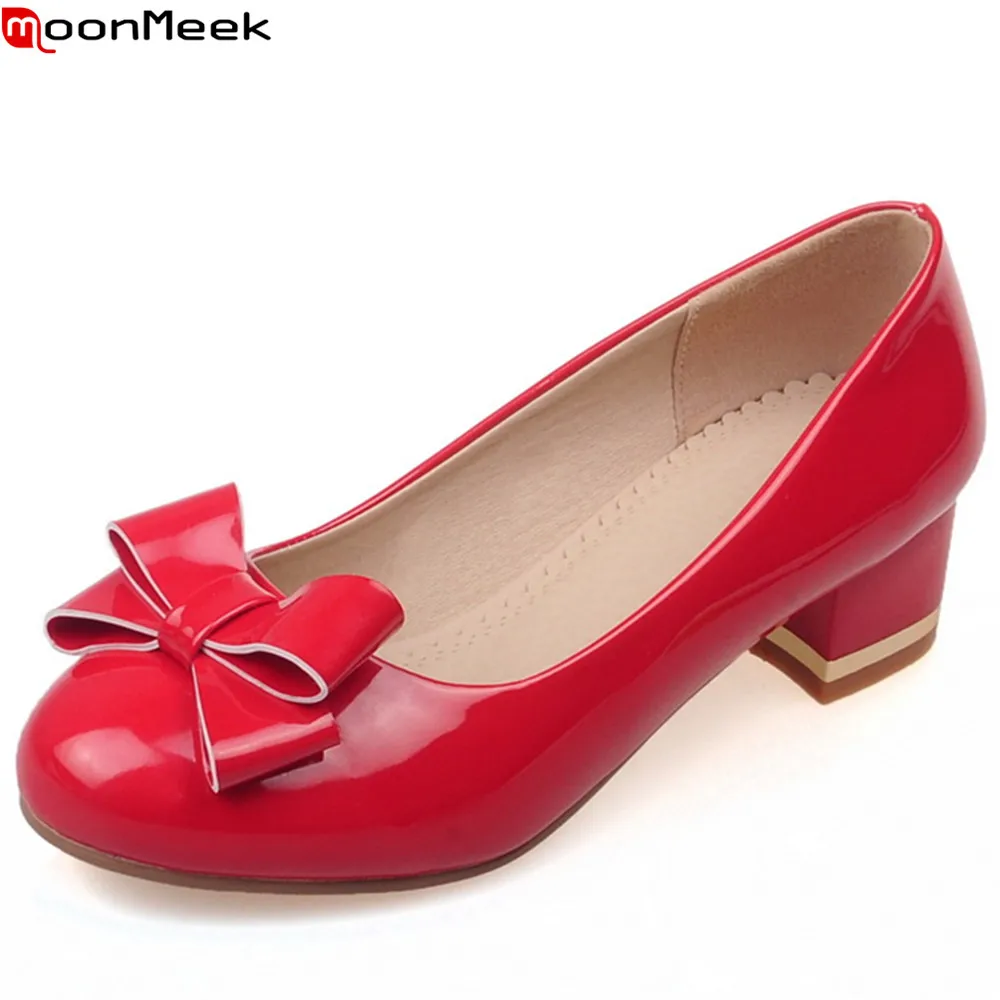 

MoonMeek 2020 round toe pumps women shoes med heels shallow slip on with butterfly knot square heels sweet female shoes