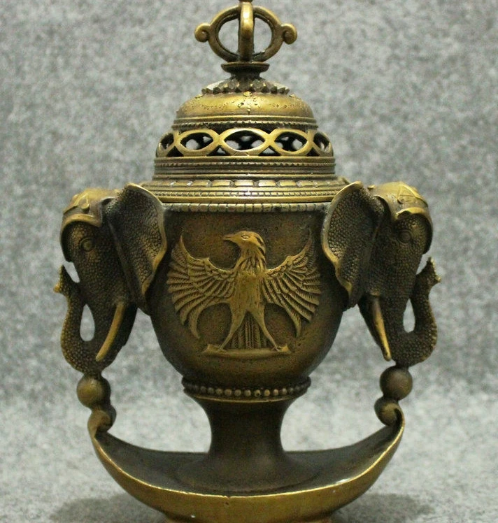 

9" Tibet Bronze Buddhism Vajra Eagle Elephant Head Statue Incense Burner Censer