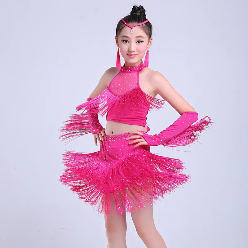 Girls Latin Dance Costume Dance Dress Girls Performance Latin Suit Kids Dance Top& Skirt Sets Latin Competition Costumes - Цвет: rose